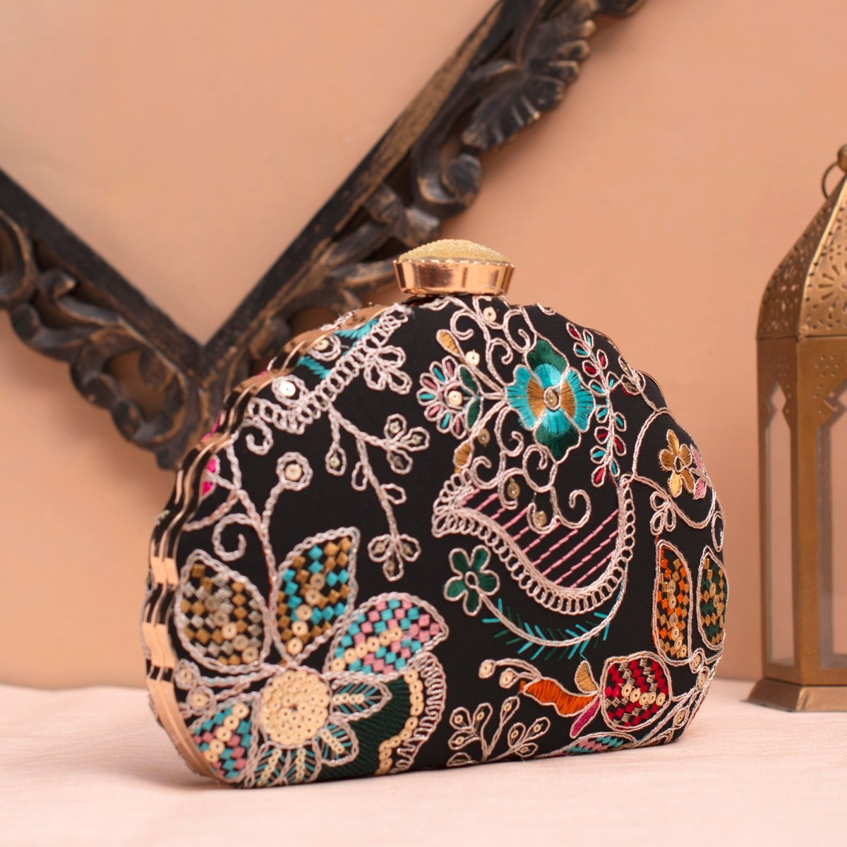 Artklim Black Base Multicolored Floral Embrodiery Clutch