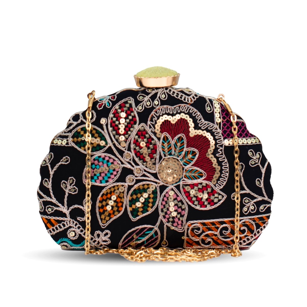 Artklim Black Base Multicolored Floral Embrodiery Clutch