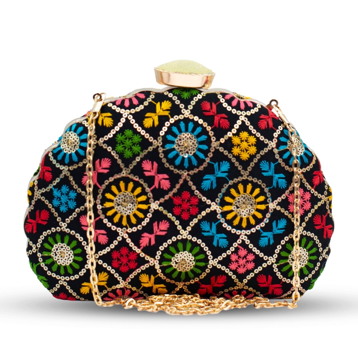 Artklim Black Based Multicoloured Threadwork Embroidery Clutch