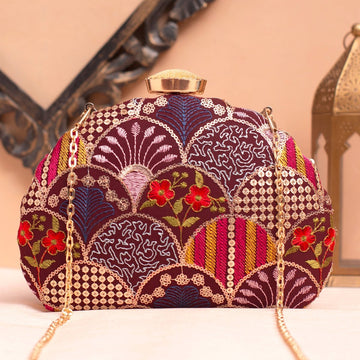 Artklim Wine Base Multicolored Sequins Embroidery Clutch