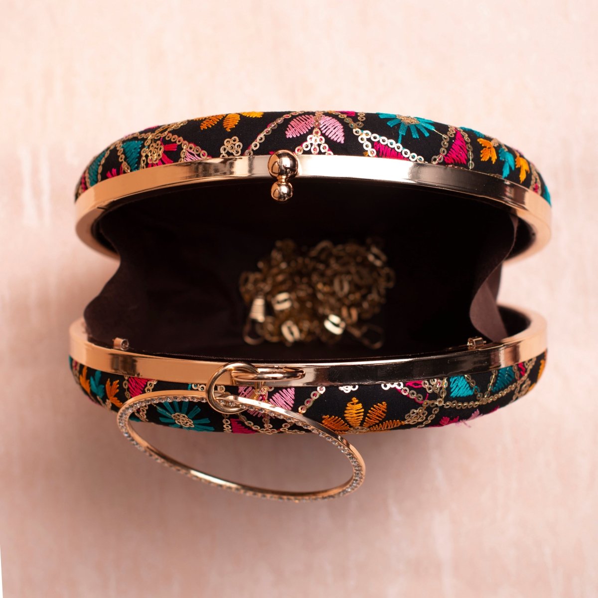 Artklim Black Based Multicolored Thread And Sequins Embroidery Clutch