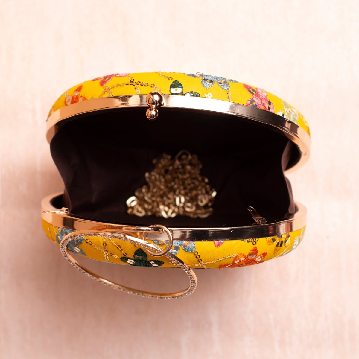 Artklim Yellow Based Multicolored Threadwork And Sequins Embroidery Clutch