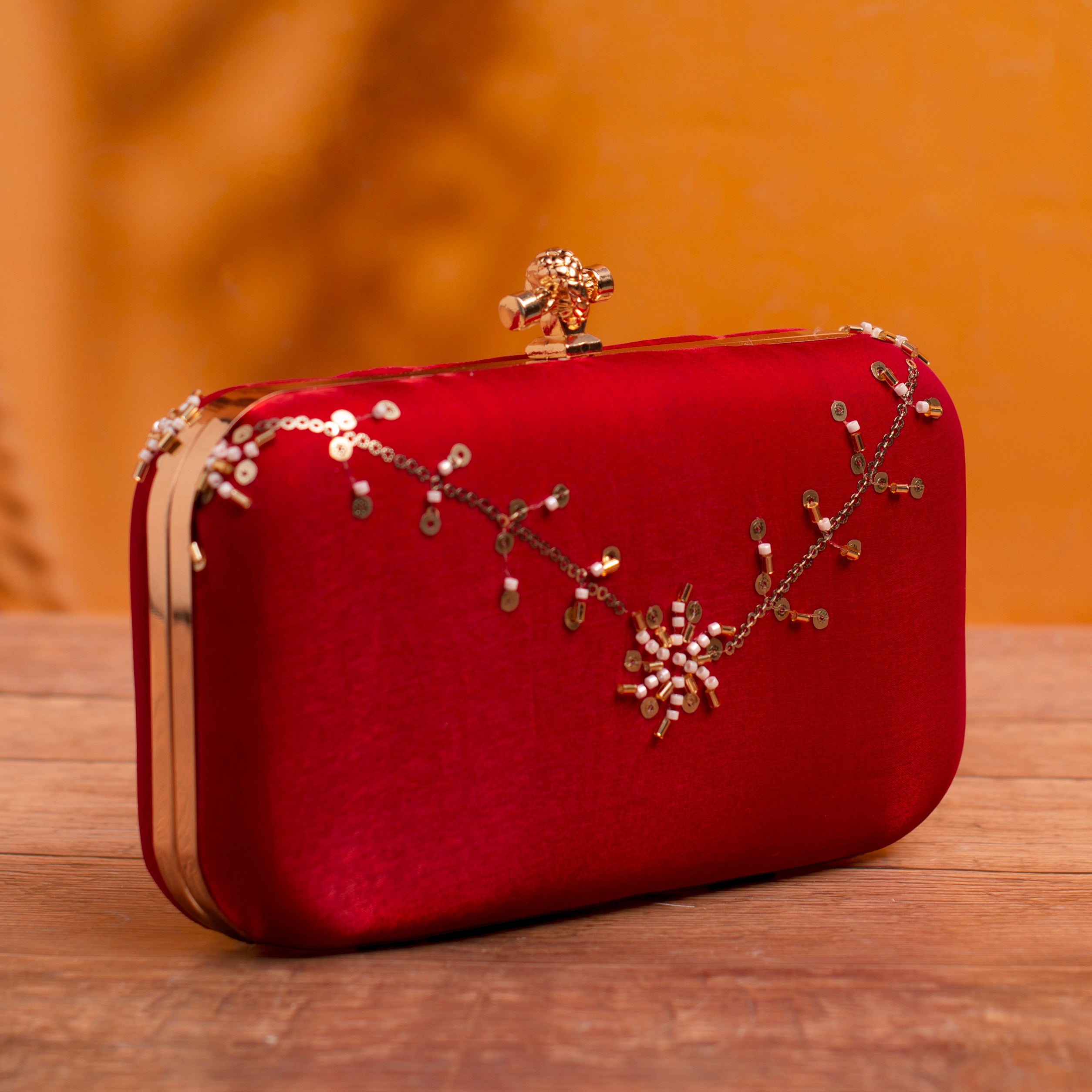 Artklim Red Based Floral Sequins Embroidery Clutch