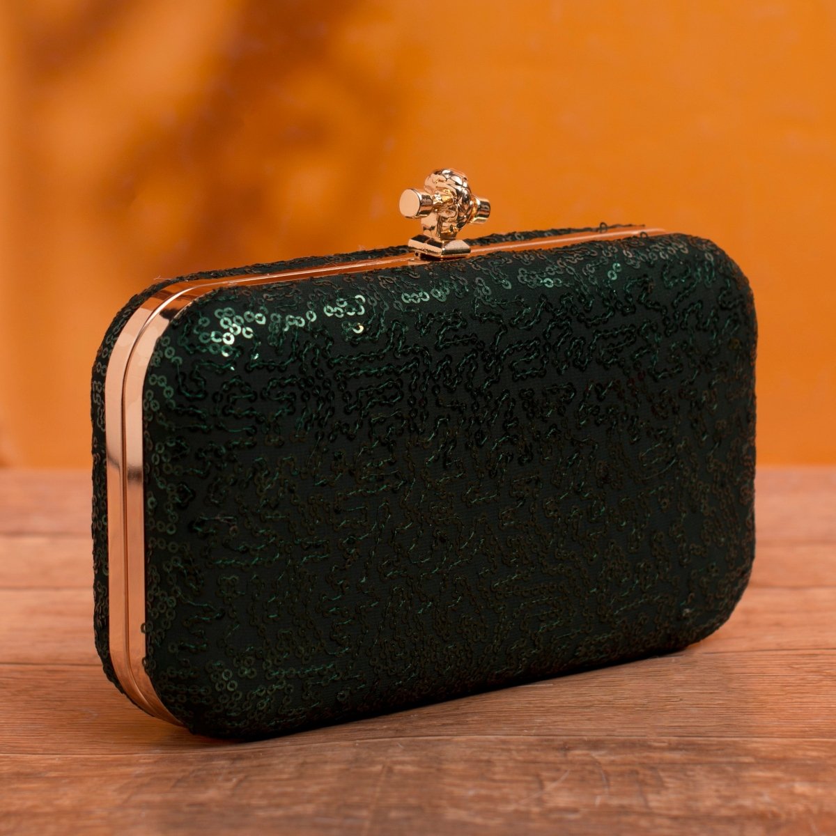 Artklim Dark Green Based Sequins Embrodiery Clutch