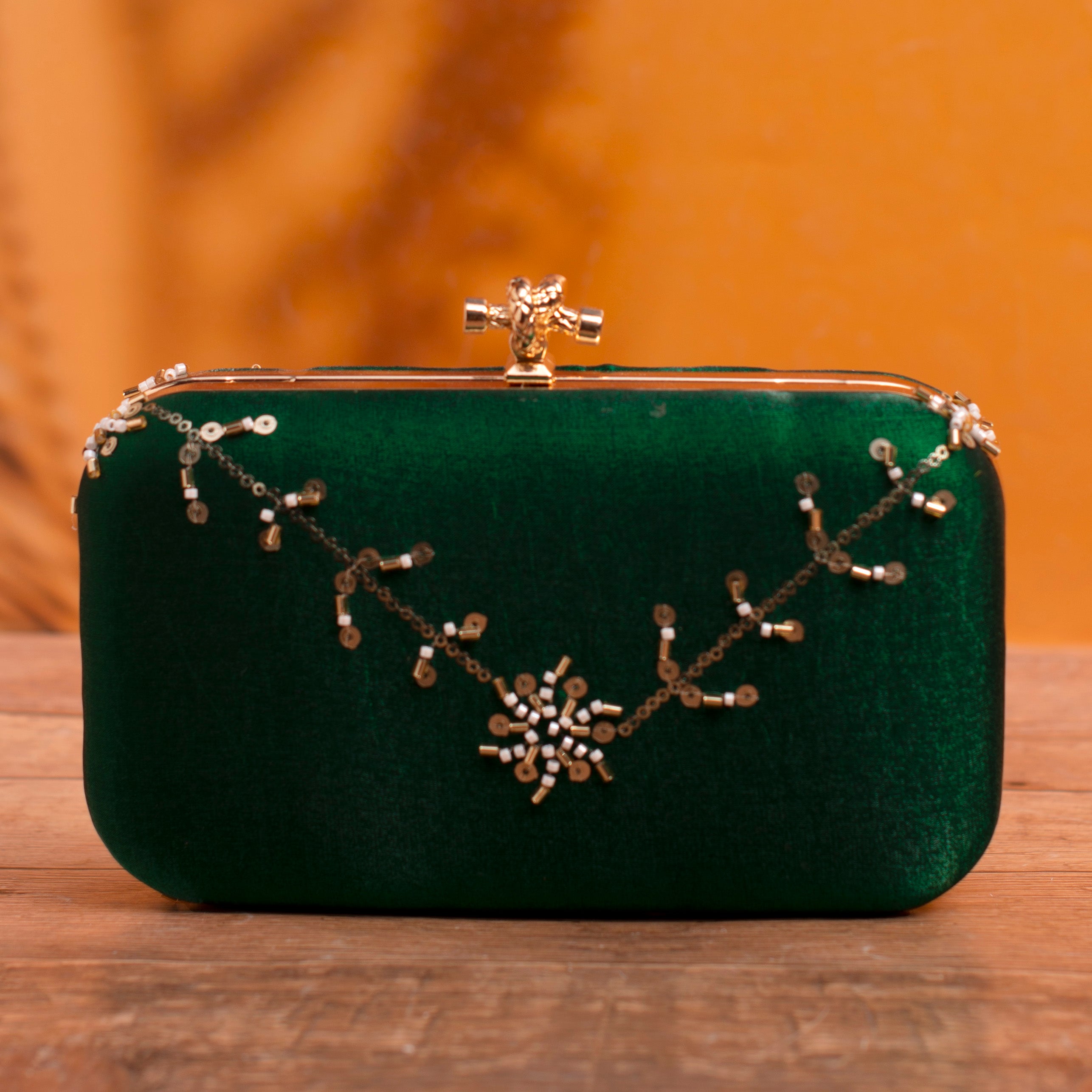 Artklim Dark Green Based Floral Sequins Embroidery Clutch