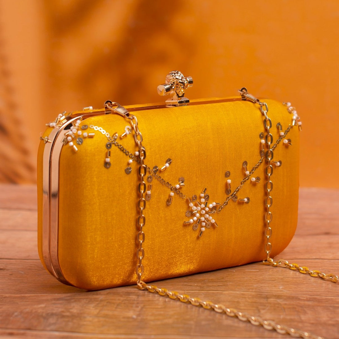 Artklim Yellow Based Floral Sequins Embroidery Clutch