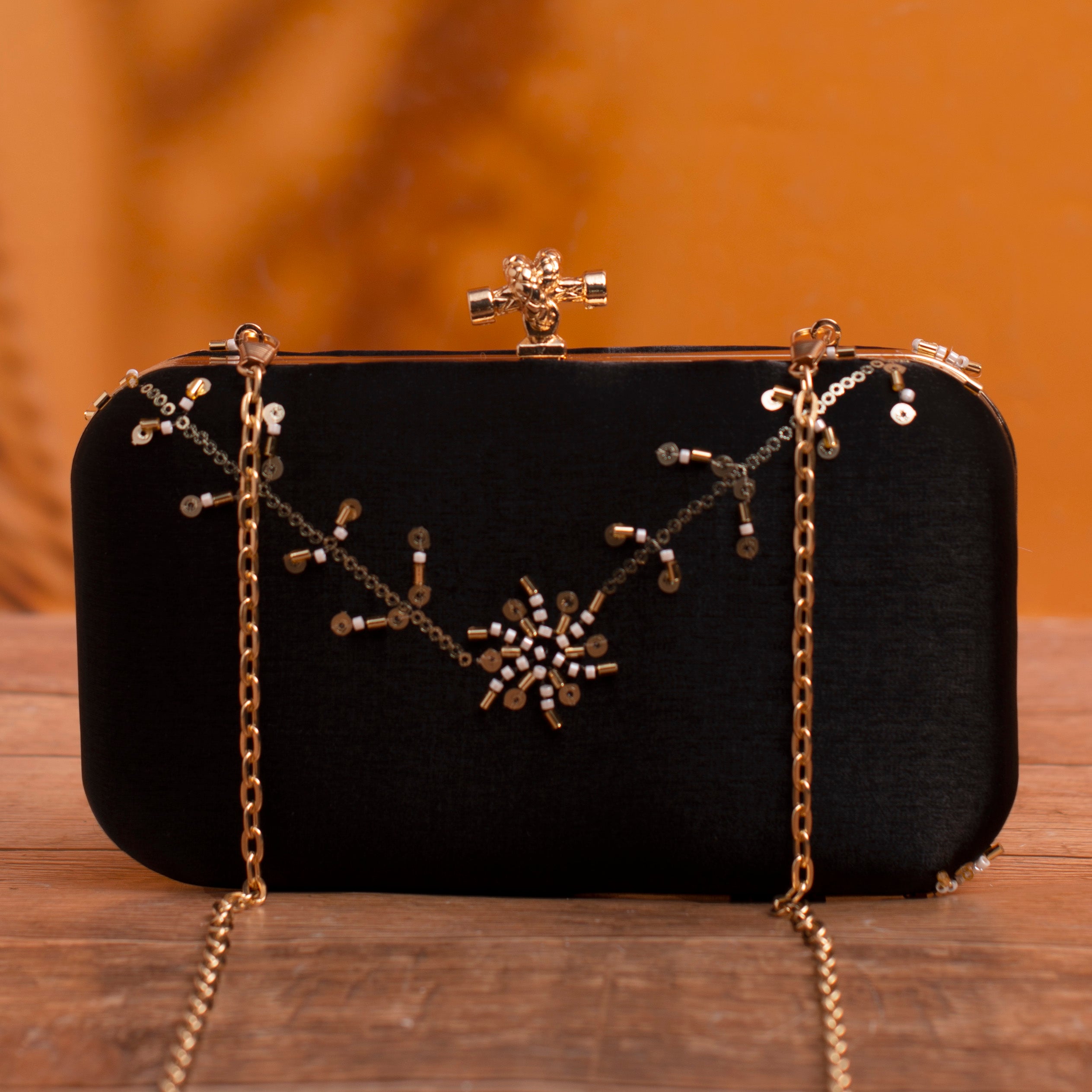 Artklim Black Based Floral Sequins Embroidery Clutch