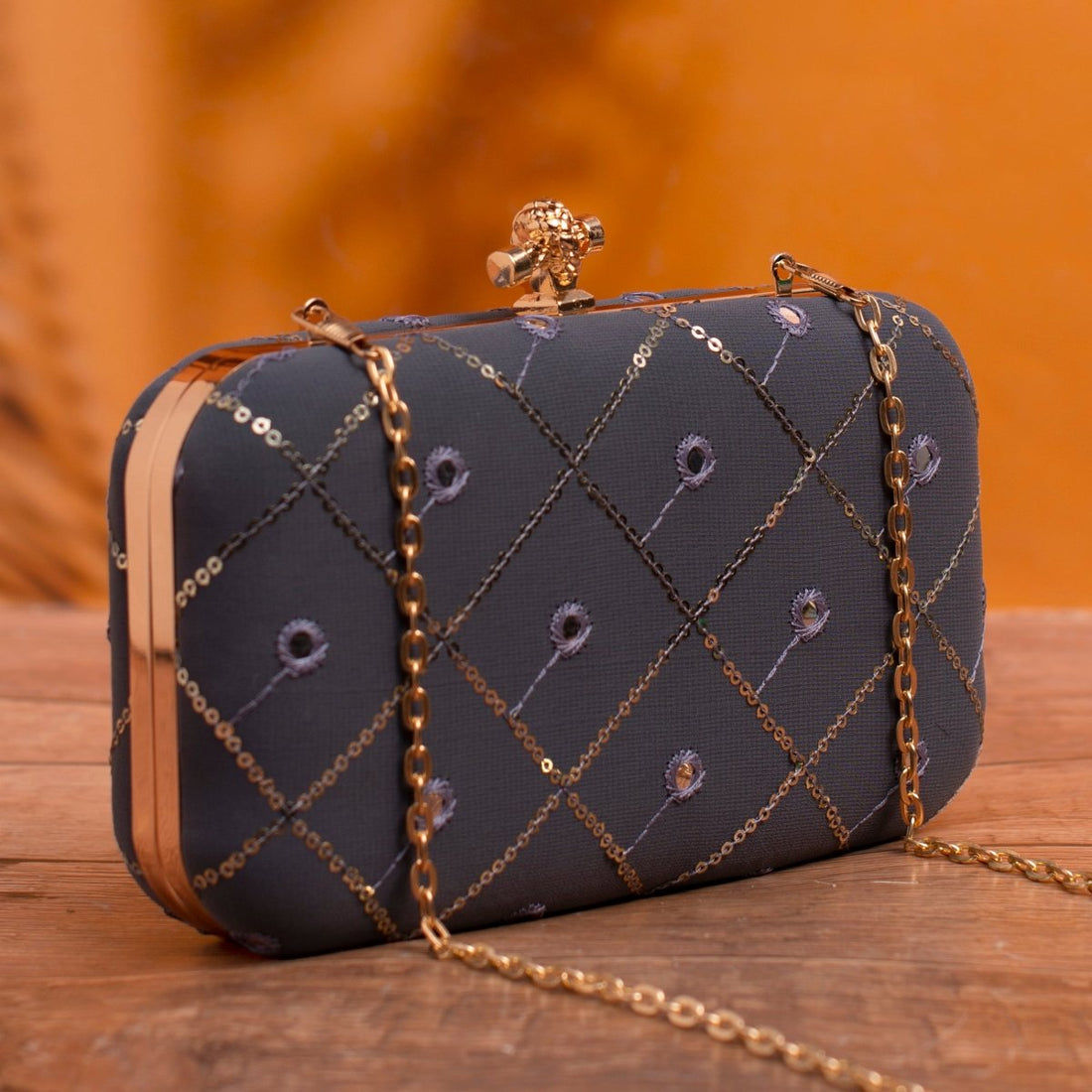 Artklim Dark Steel Grey Based Sequins Embrodiery Clutch