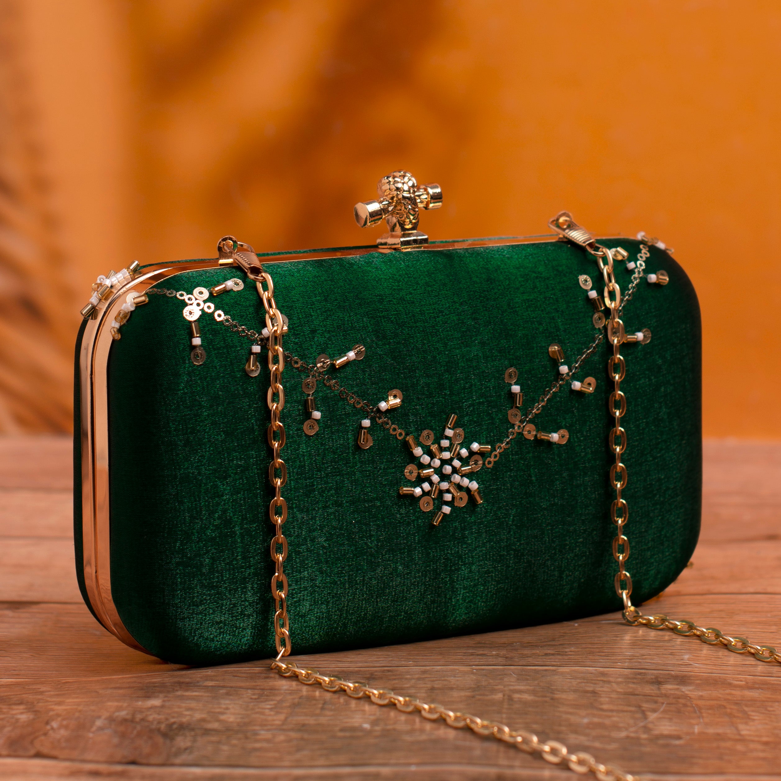 Artklim Dark Green Based Floral Sequins Embroidery Clutch