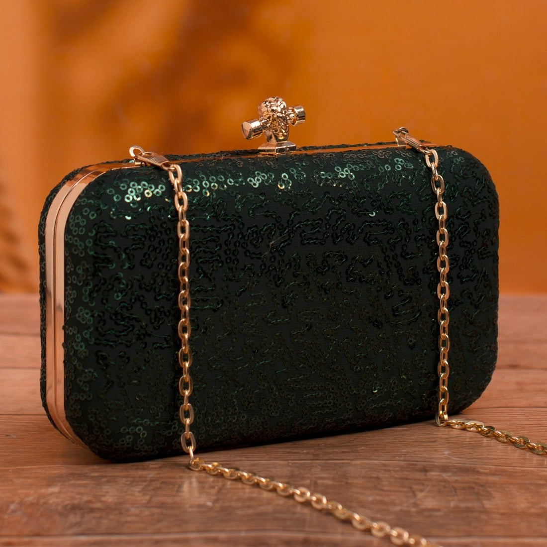 Artklim Dark Green Based Sequins Embrodiery Clutch