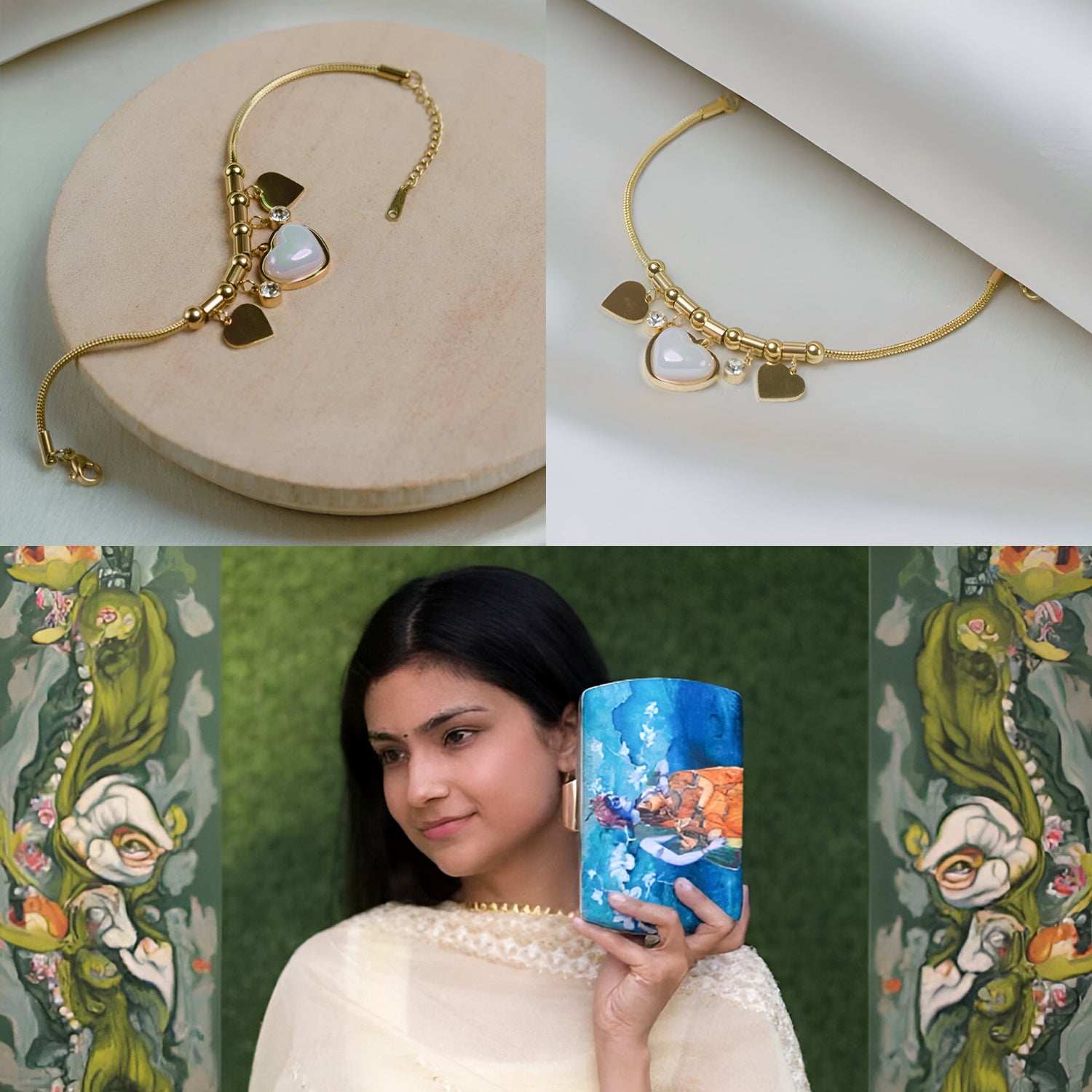Artklim Love & Divinity Set: Radha Krishna Clutch & Hearts Charms Bracelet