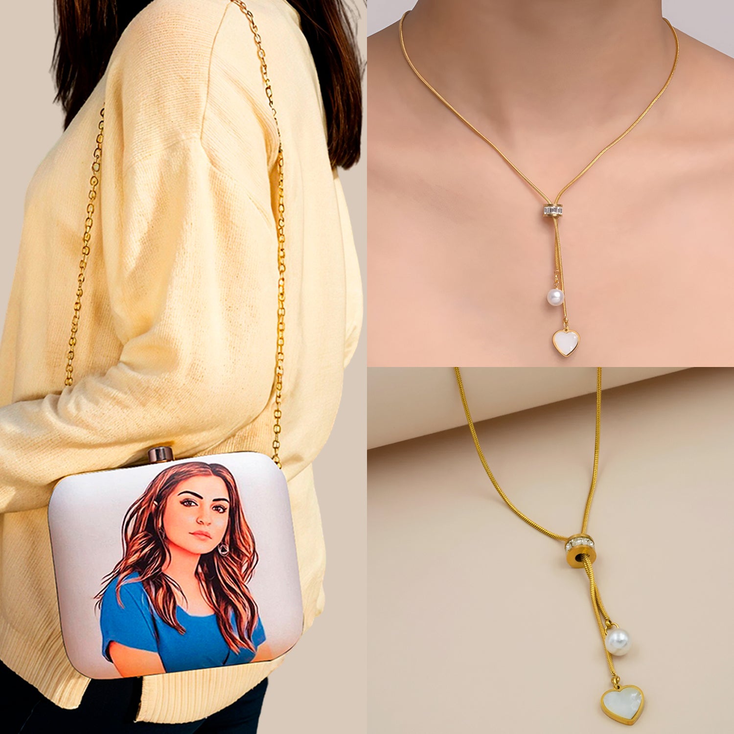 Artklim Gifting Combo: Personalised Clutch Bag & Gold Plated Heart Pearl Pendant