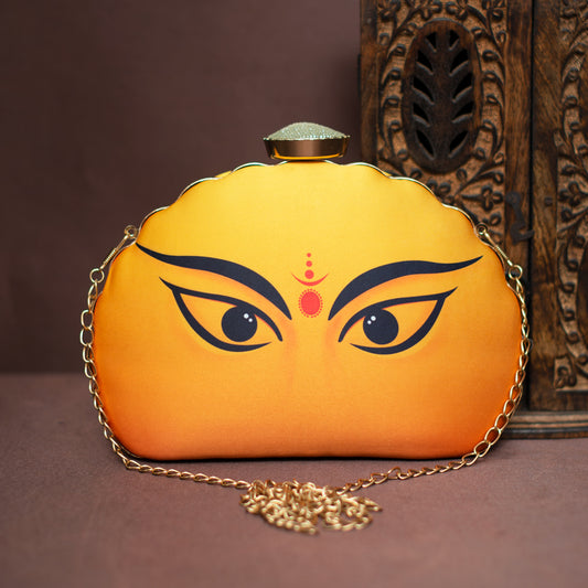 Artklim Durga Eyes Yellow Printed D-Shape Clutch