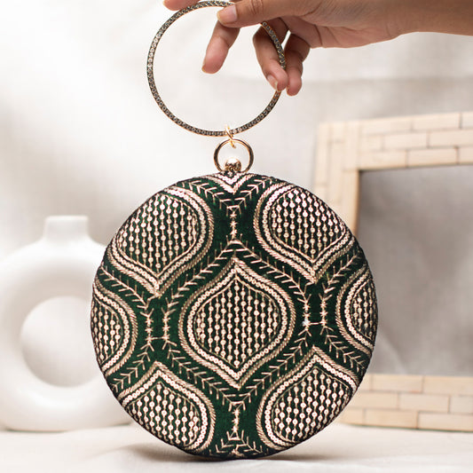Green And Golden Sequins Embroidery Round Clutch