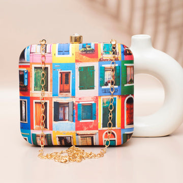 Multicolored Door Printed Clutch