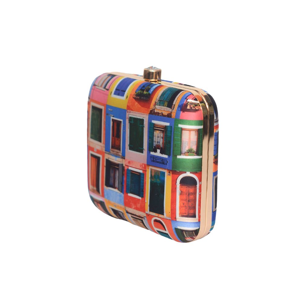 Multicolored Door Printed Clutch