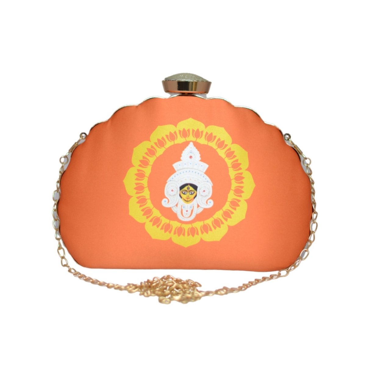 Artklim Orange And Yelllow Durga Printed D-Shape Clutch