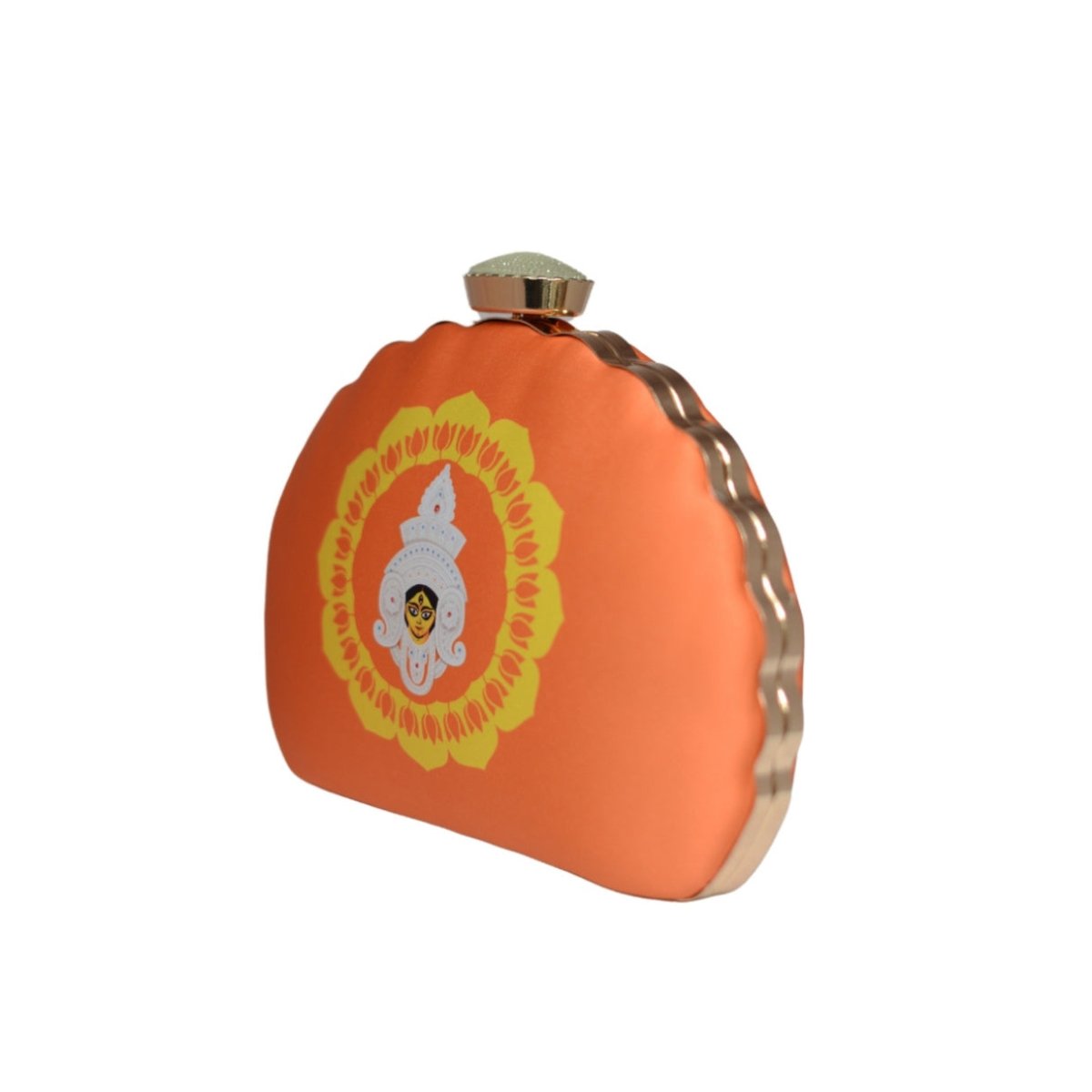 Artklim Orange And Yelllow Durga Printed D-Shape Clutch