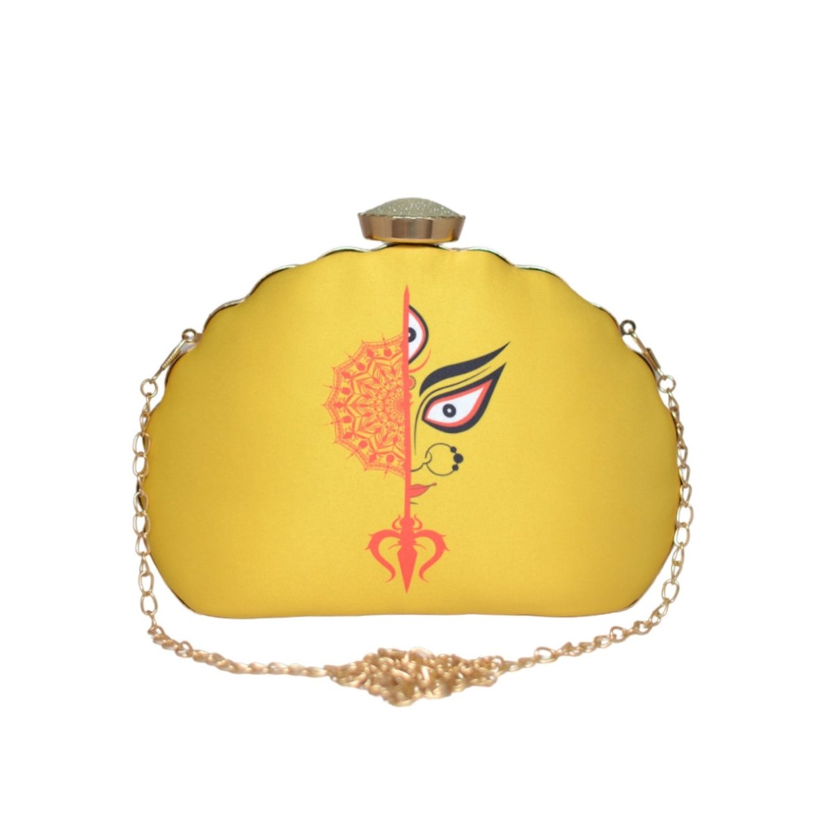 Artklim Yellow Durga Printed D-Shape Clutch