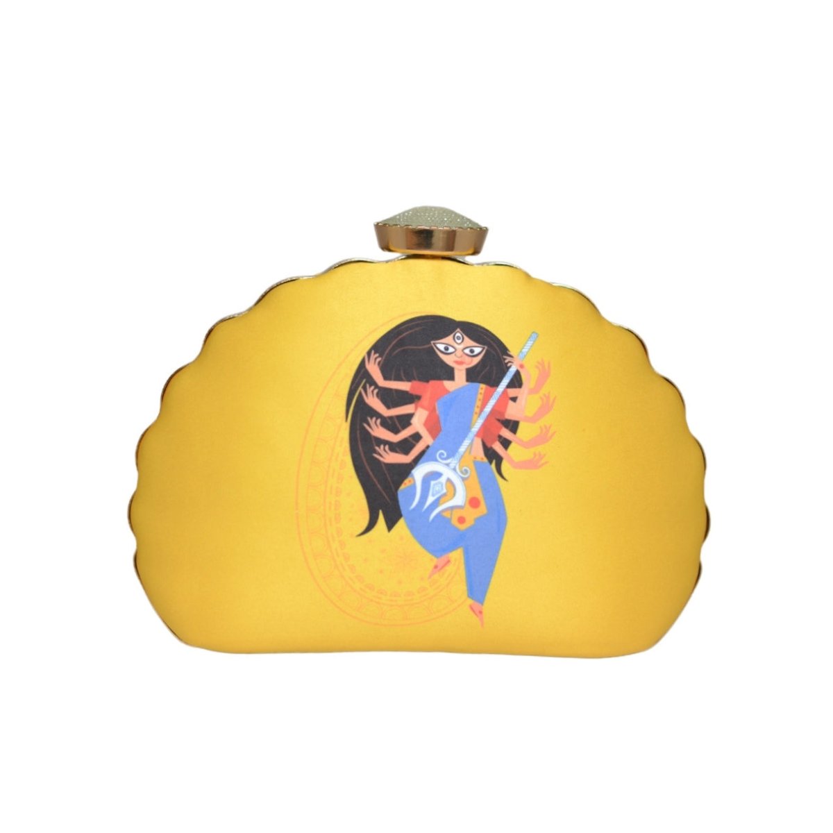 Artklim Yellow Durga Printed D-Shape Clutch
