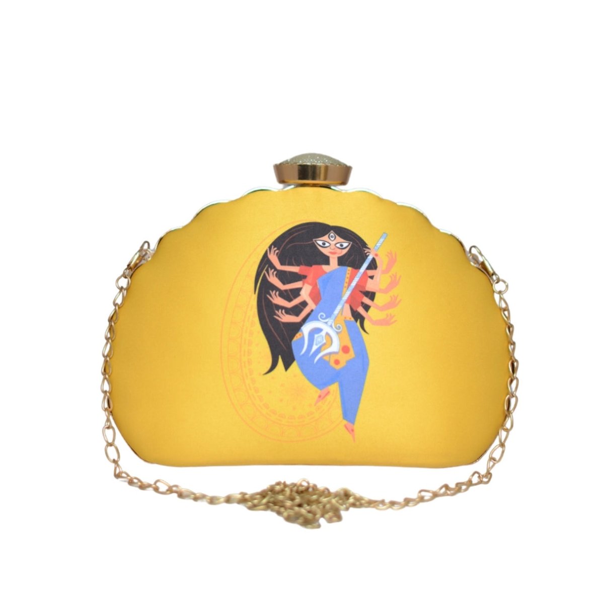 Artklim Yellow Durga Printed D-Shape Clutch
