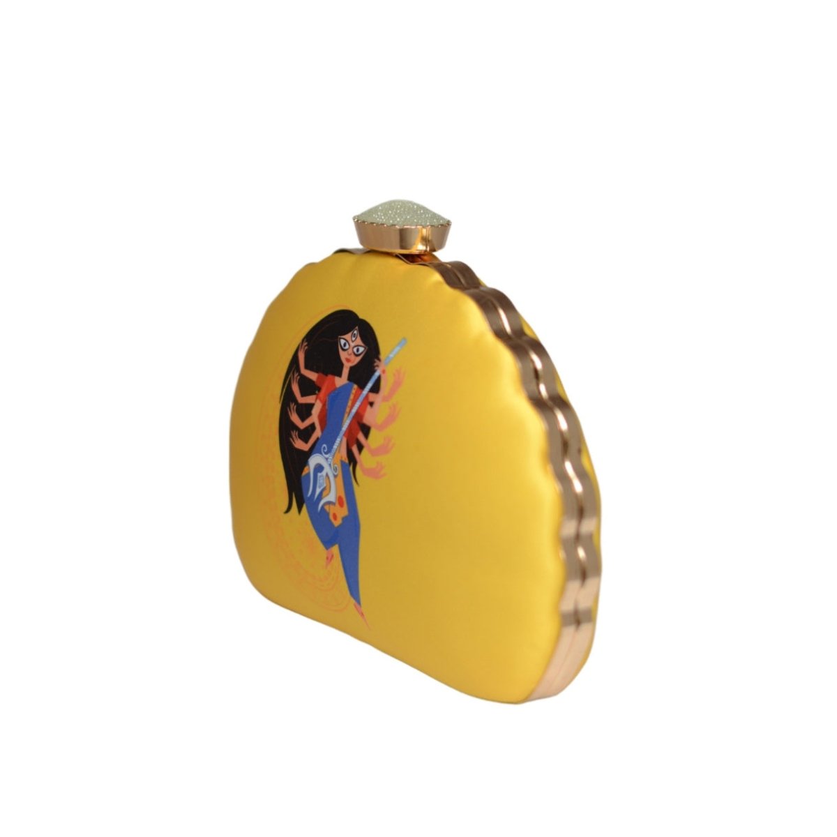 Artklim Yellow Durga Printed D-Shape Clutch
