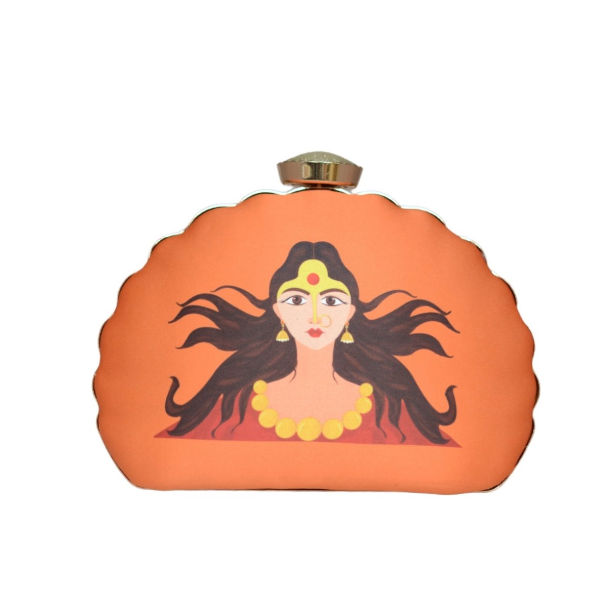 Artklim Orange Durga Printed D-Shape Clutch