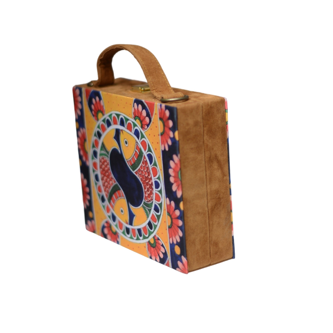 Artklim Madhubani Fish Printed Suitcase Style Clutch