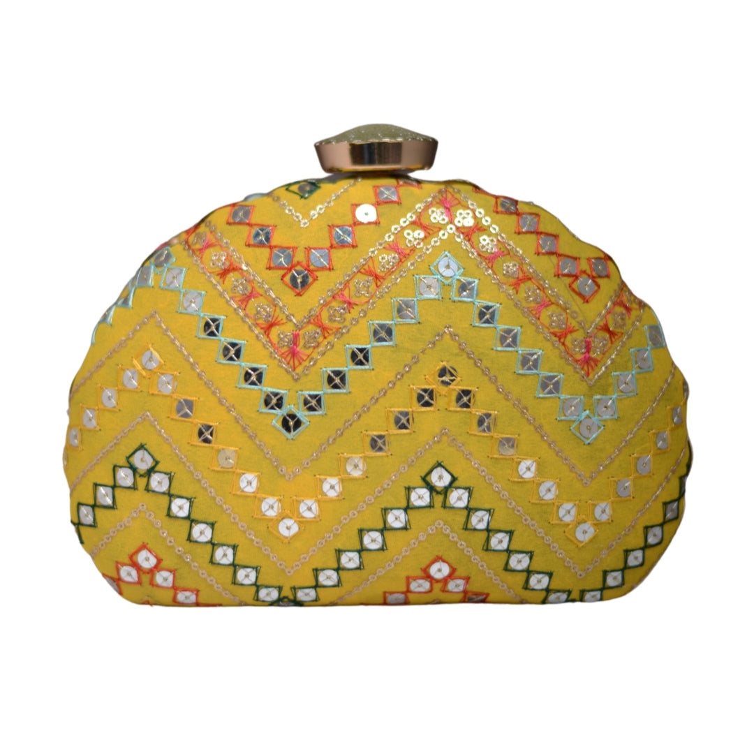 Artklik Yellow Zig Zag Embroidery D-Shape Clutch