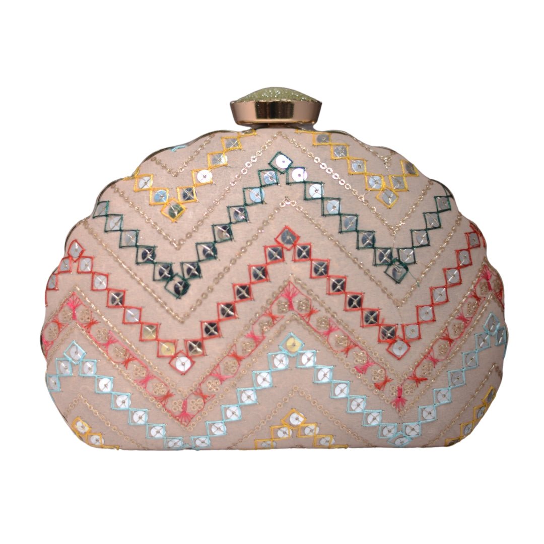 Artklim Baby Pink Zig Zag Embroidery D-Shape Party Clutch