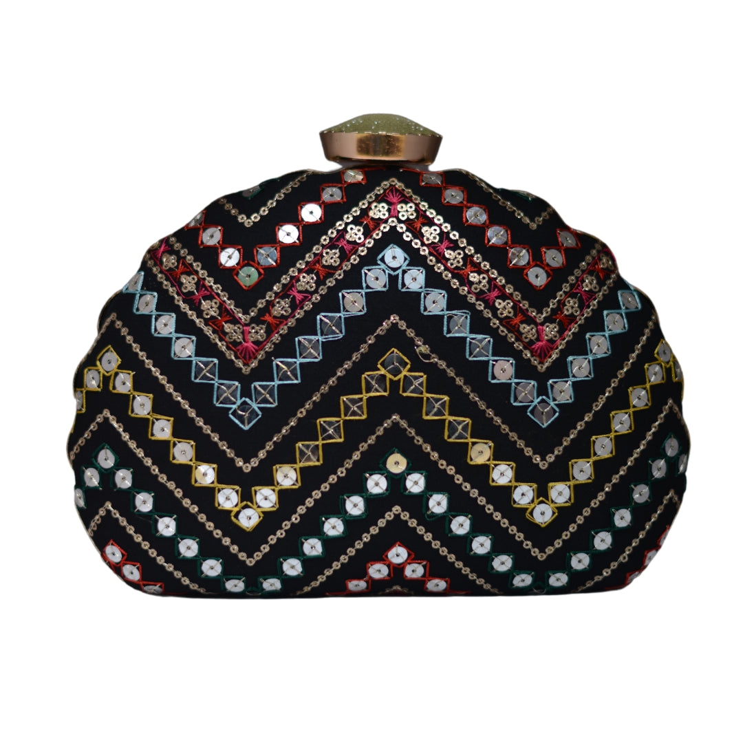 Artklim Black Zig Zag Embroidery D-Shape Party Clutch