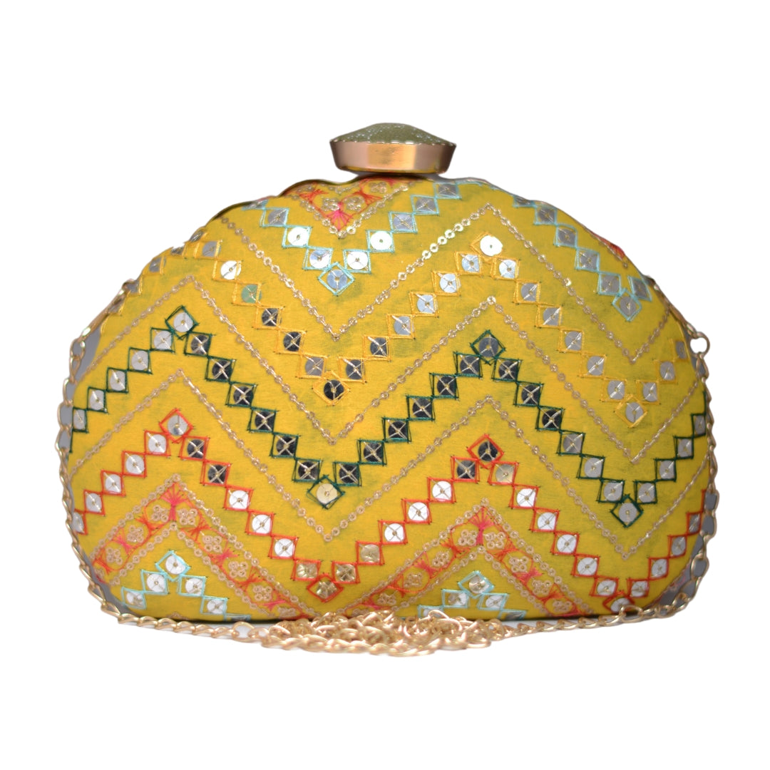 Artklik Yellow Zig Zag Embroidery D-Shape Clutch