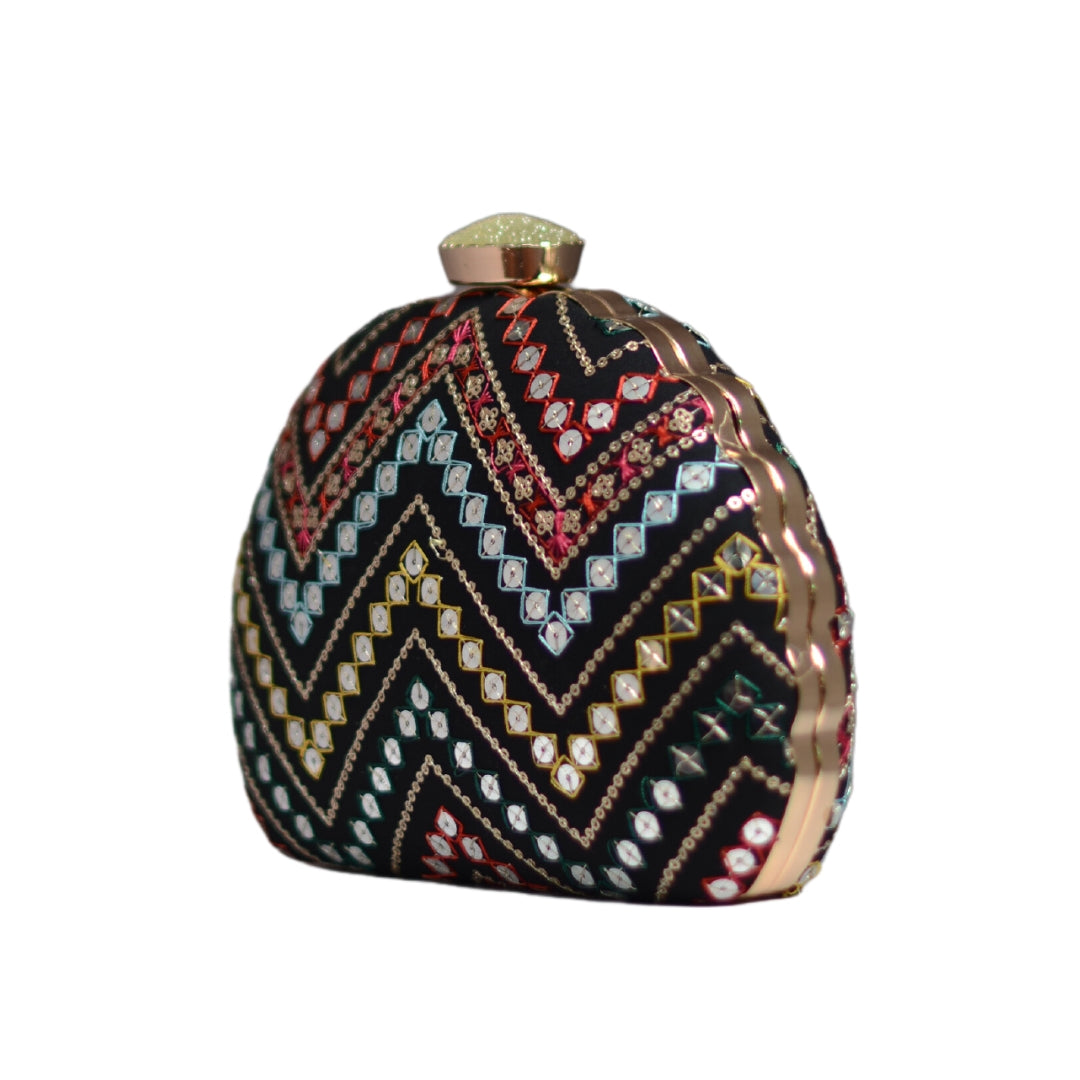 Artklim Black Zig Zag Embroidery D-Shape Party Clutch