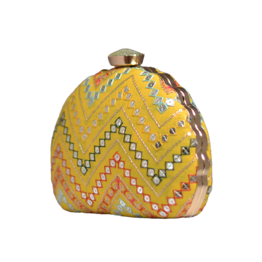 Artklik Yellow Zig Zag Embroidery D-Shape Clutch
