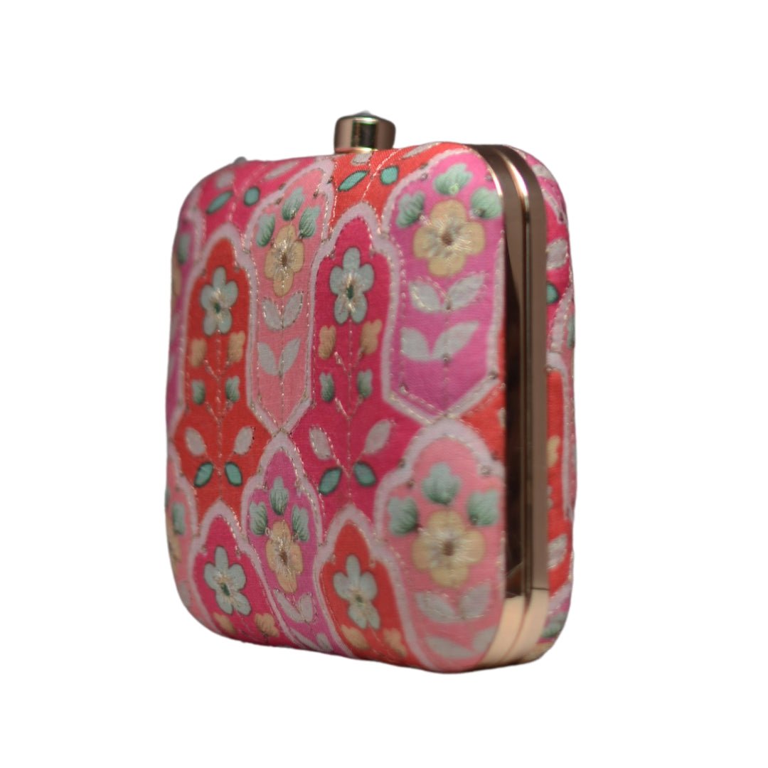 Artklim Pink Floral Embroidery Clutch