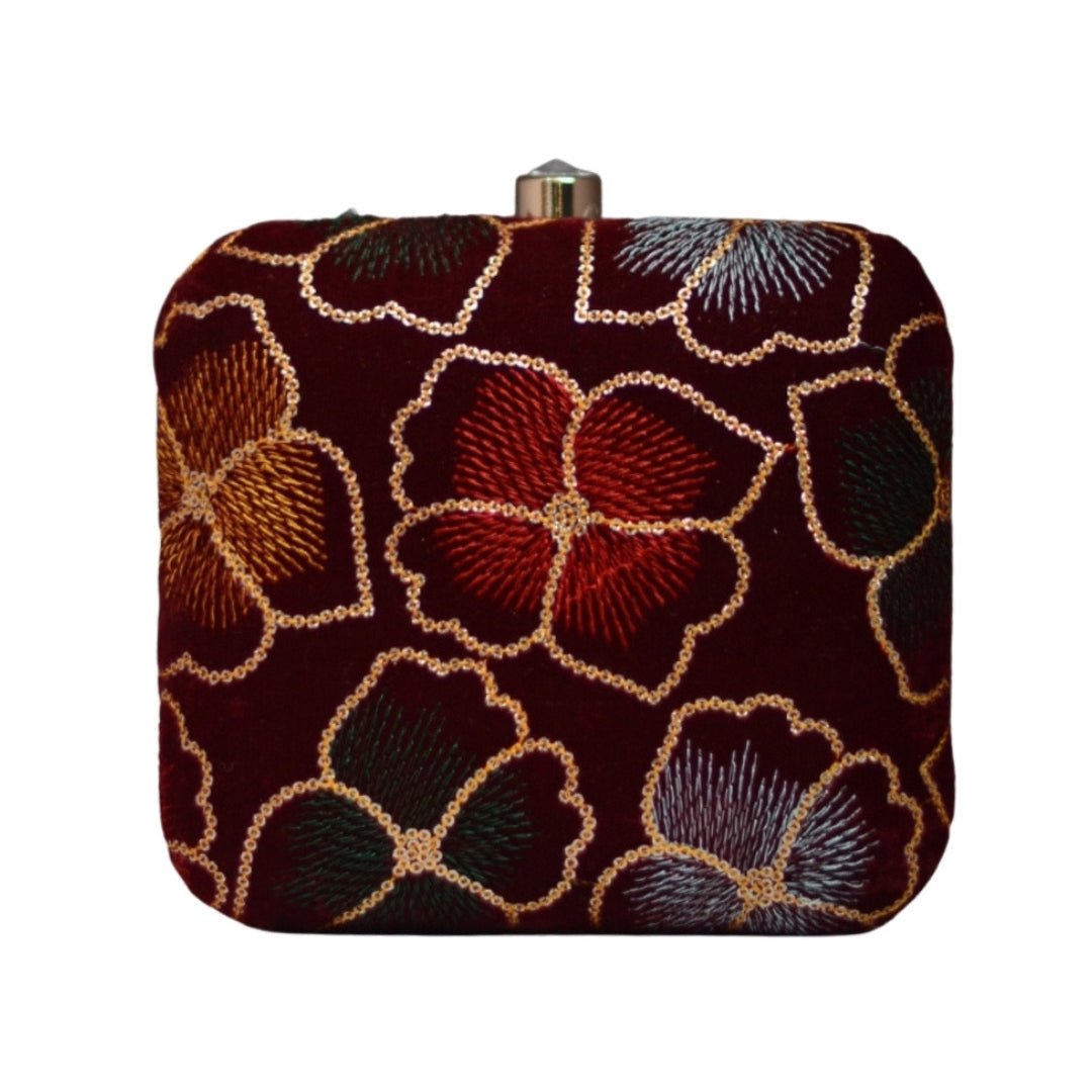 Artklim Maroon Flower Sequenced Embroidery Clutch