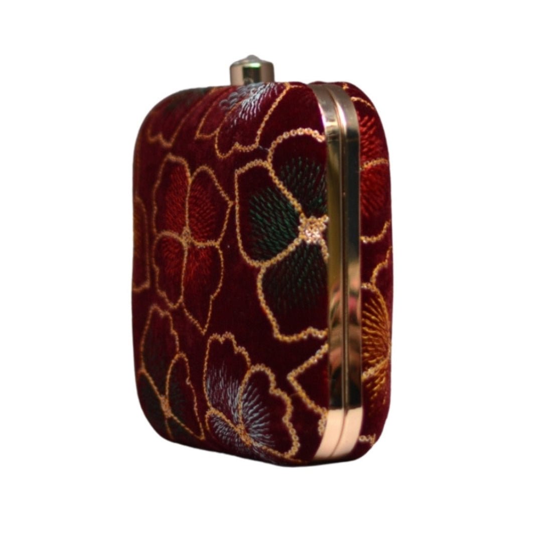 Artklim Maroon Flower Sequenced Embroidery Clutch