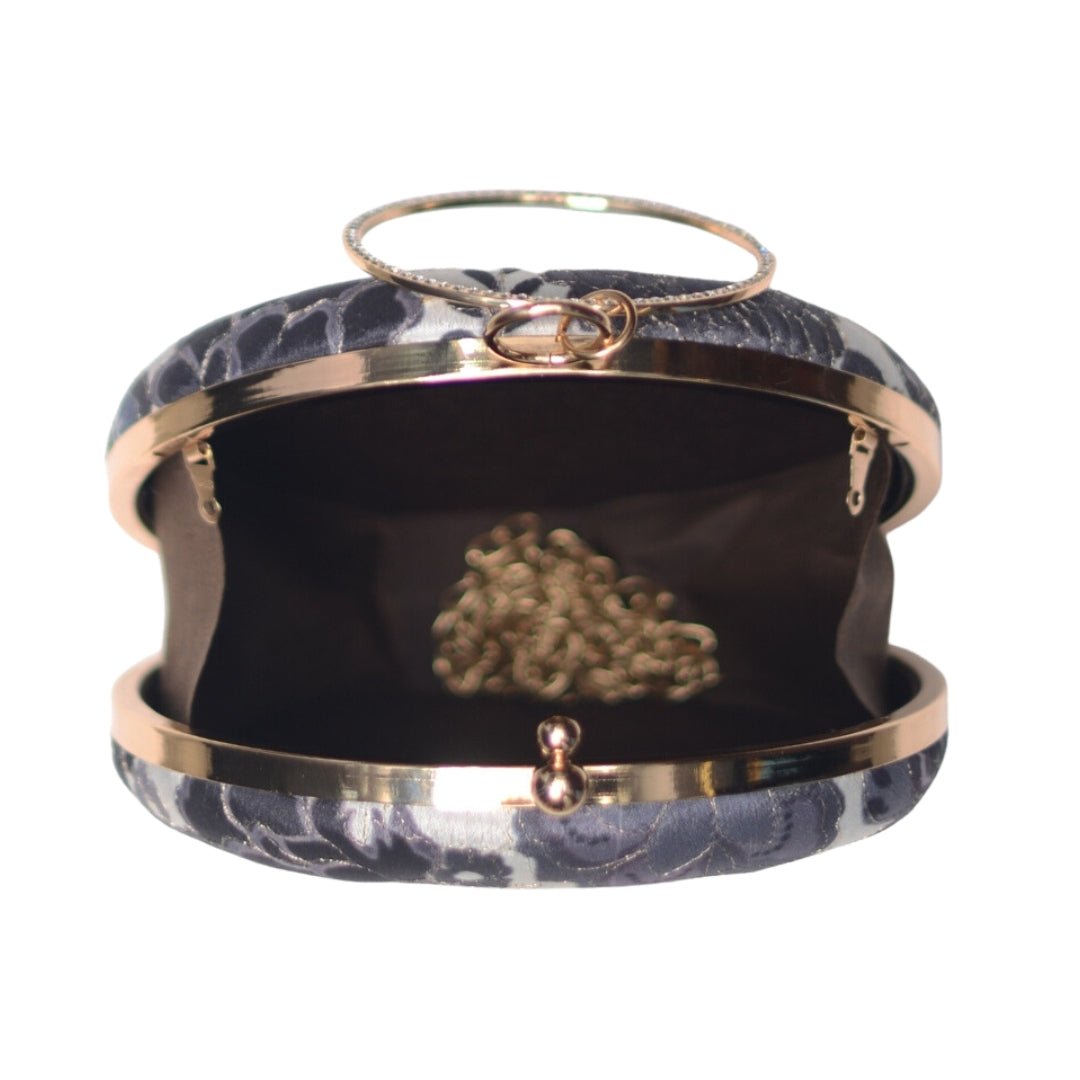 White And Grey Floral Embroidery Round Clutch