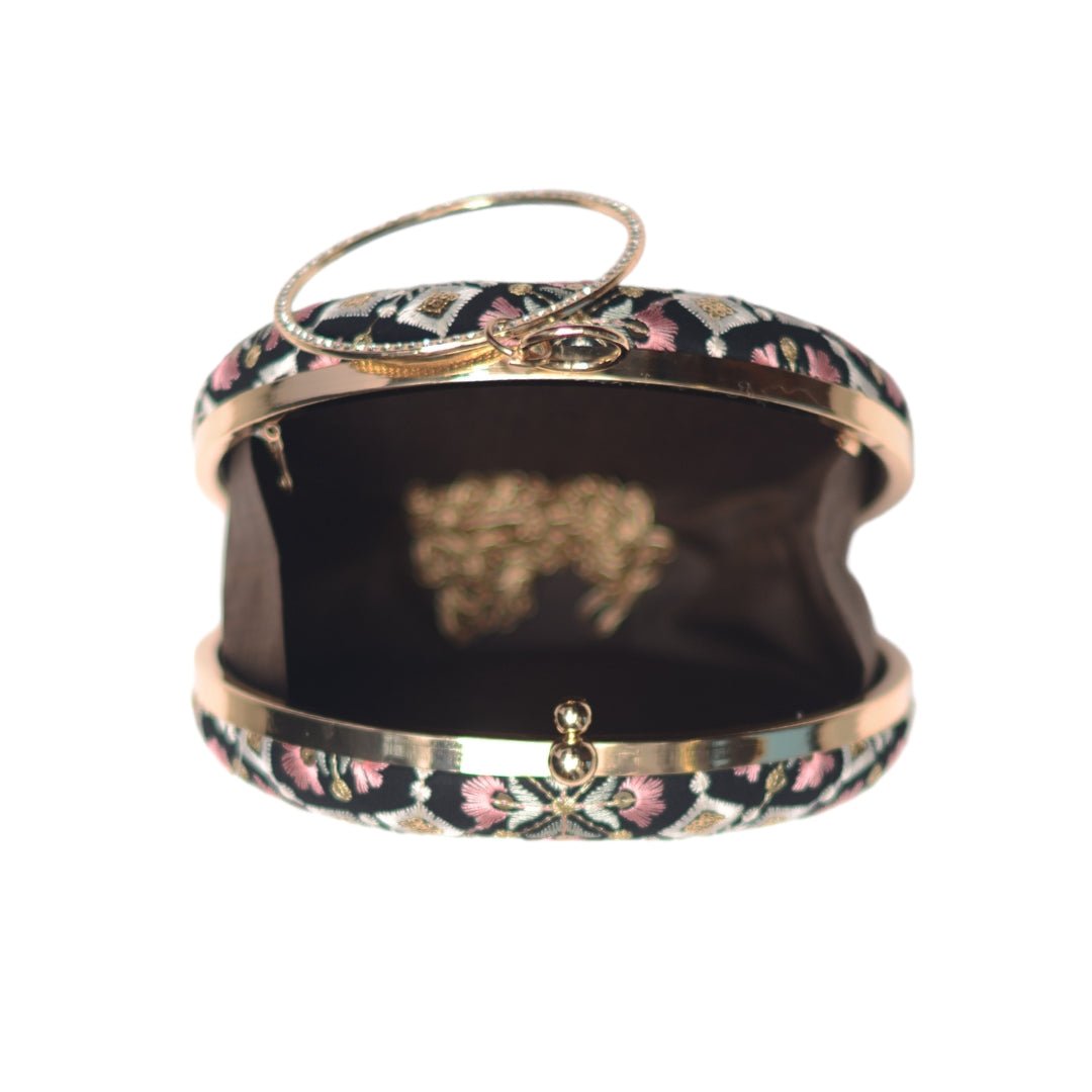 Black And Pink Floral Embroidery Round Clutch