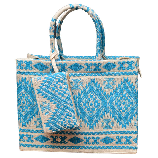 White And Blue Geometric Pattern Box Style Tote Bag