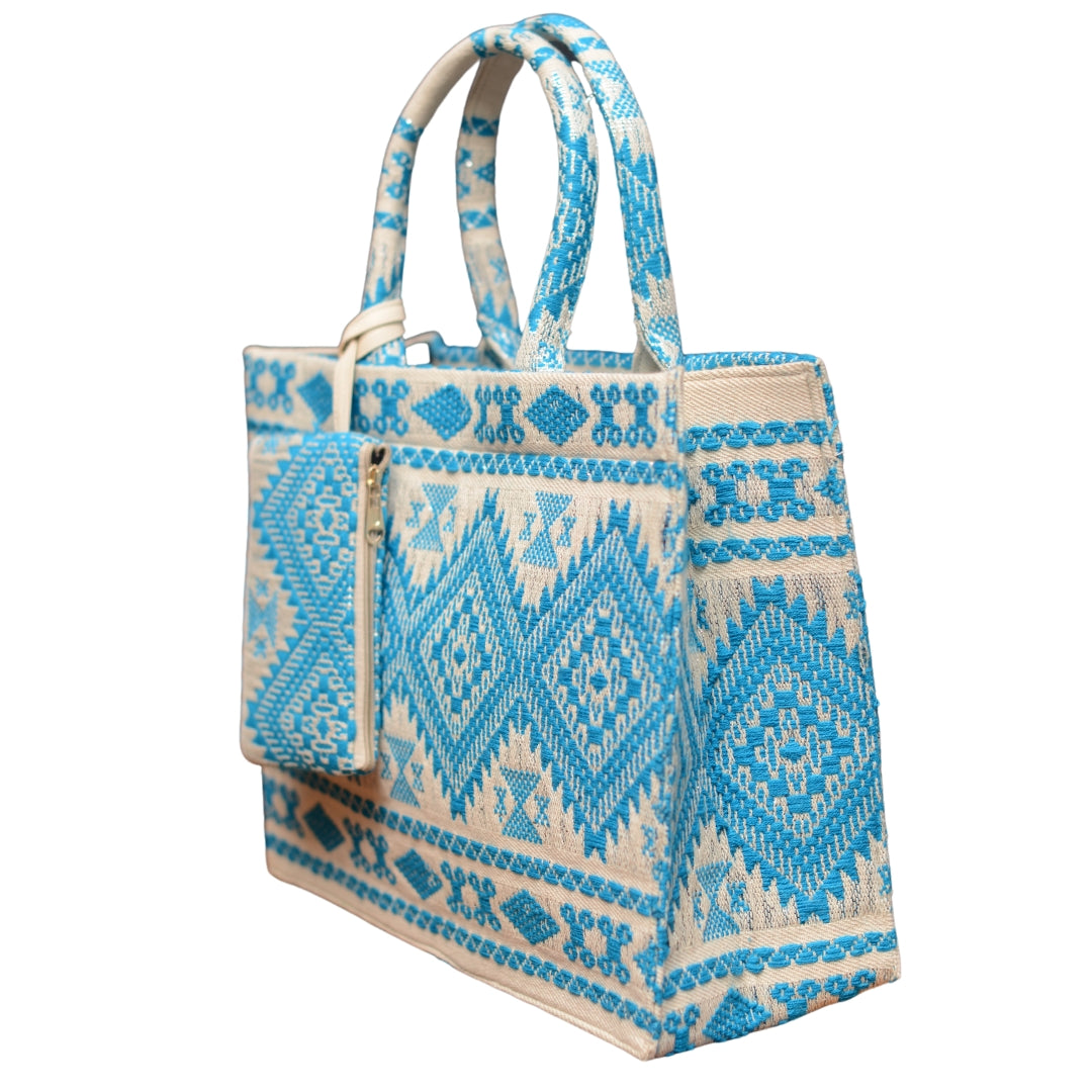 White And Blue Geometric Pattern Box Style Tote Bag