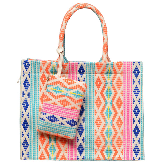 Multicoloured Jacquard Tote Bag With Utility Pouch