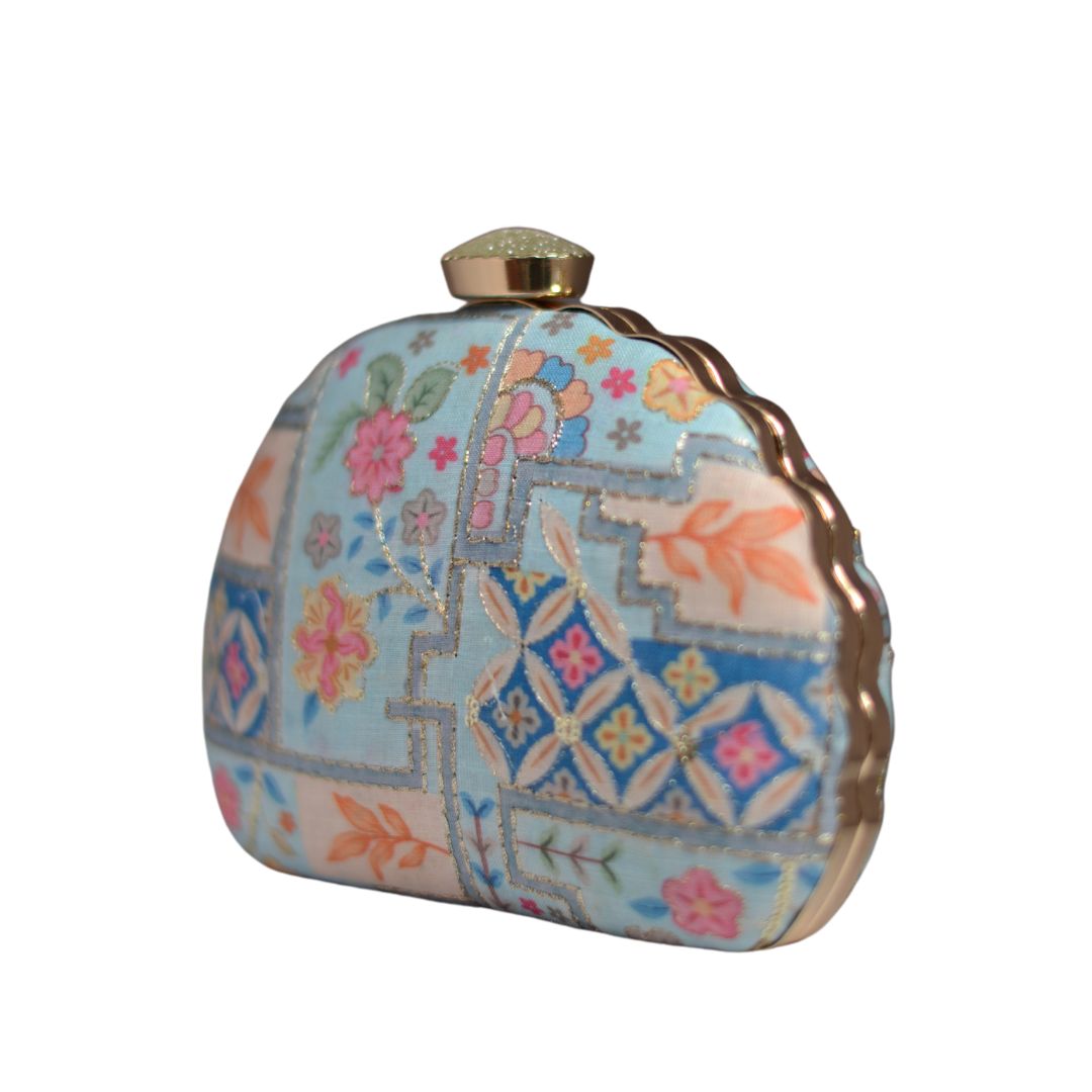 Artklim Pastel Blue Multipattern Embroidery D-shape Clutch