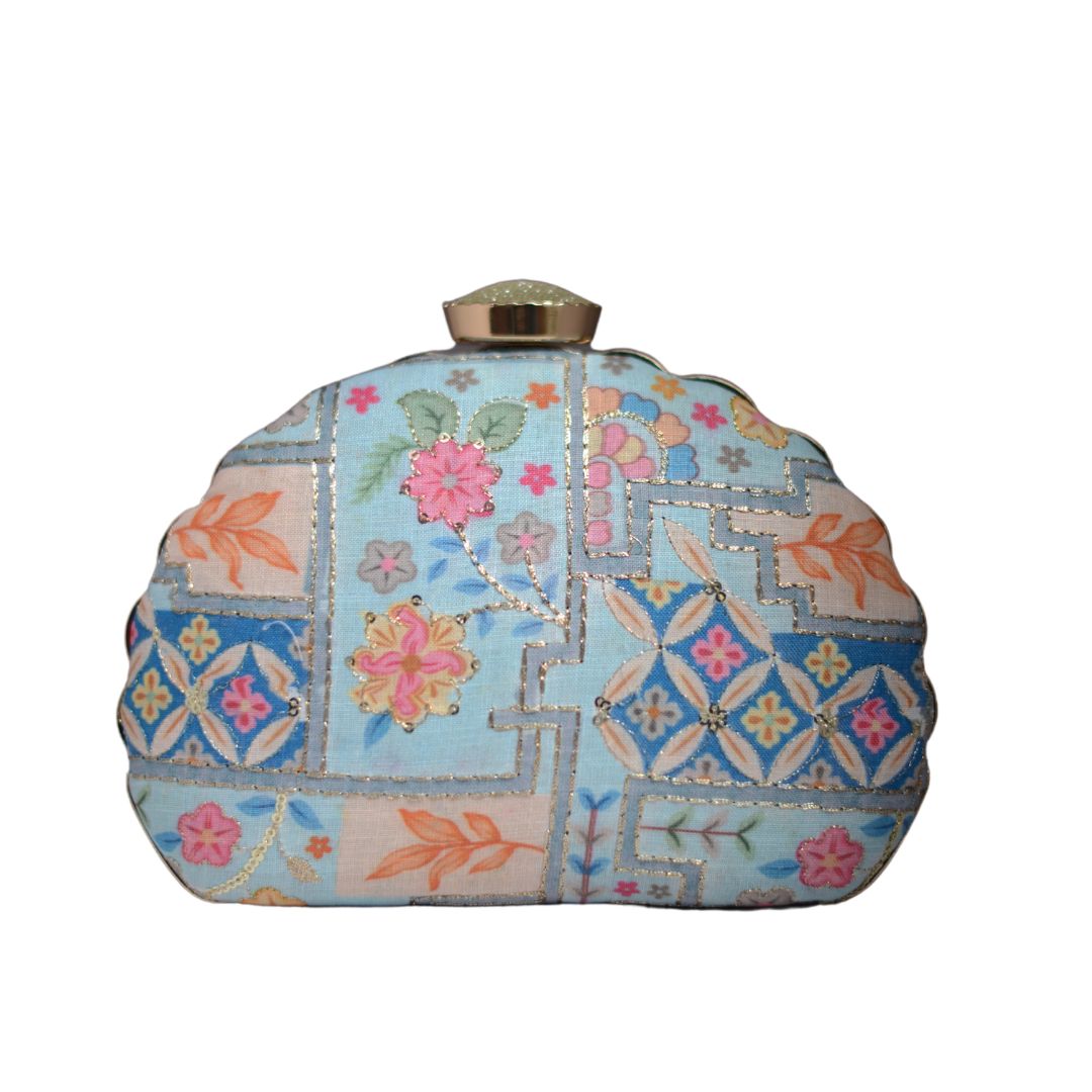 Artklim Pastel Blue Multipattern Embroidery D-shape Clutch