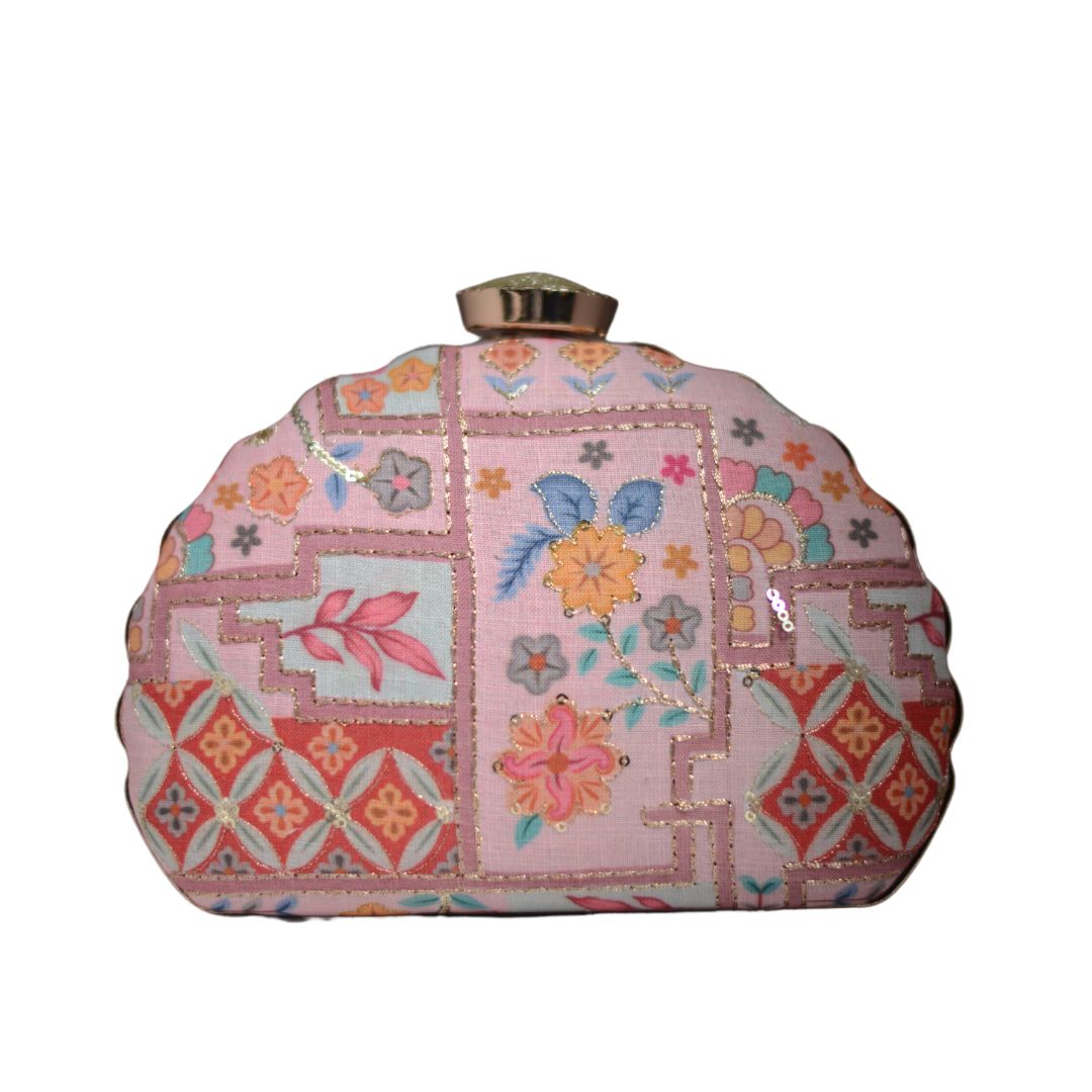 Artklim Pink Multipattern Embroidery D-shape Party Clutch