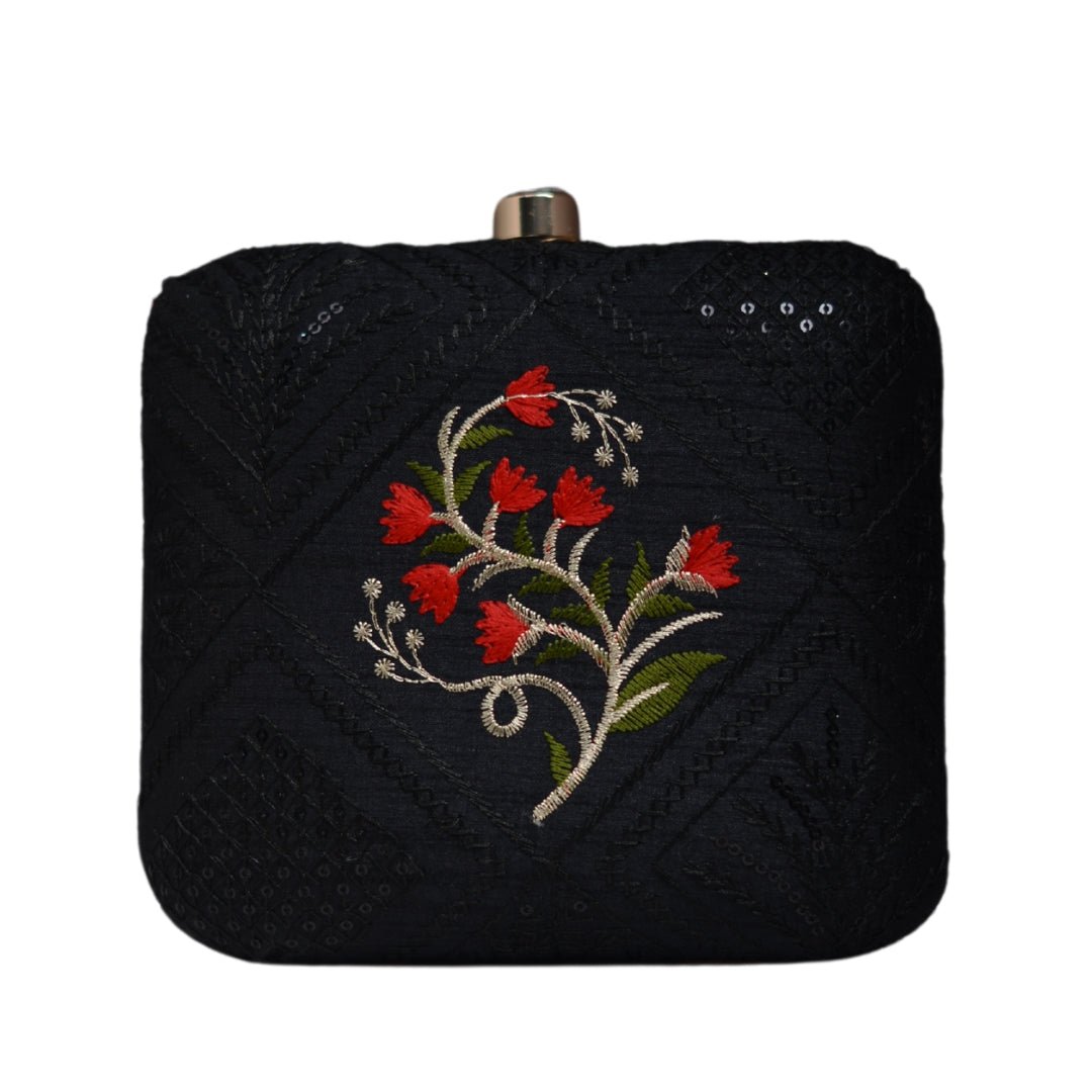 Artklim Black And Red Floral Embroidery Clutch