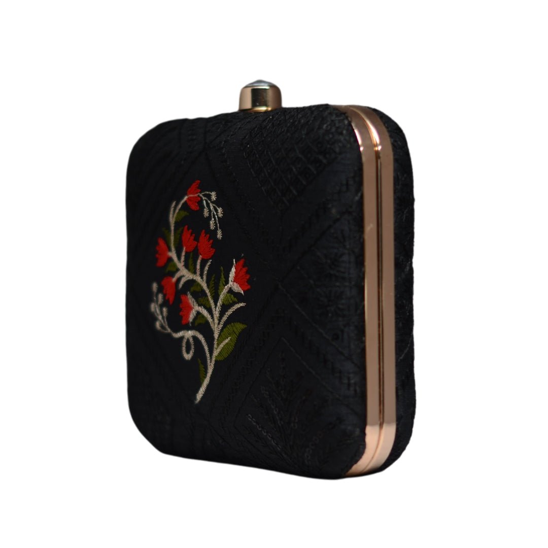 Artklim Black And Red Floral Embroidery Clutch
