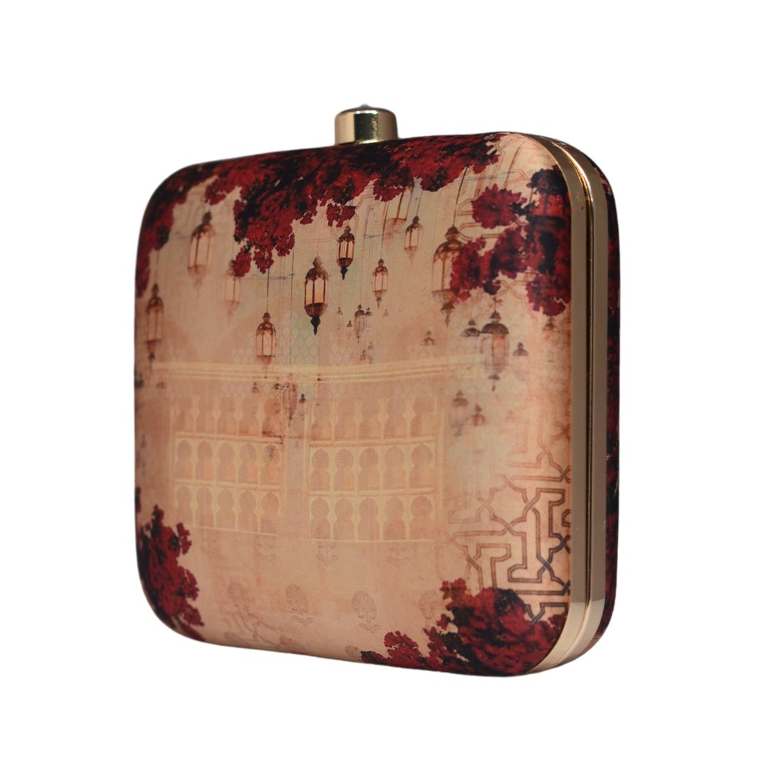Artklim Beige And Red Floral Printed Clutch