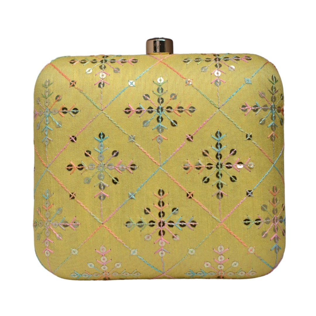 Artklim Yellow Sequins Embroidery Party Clutch