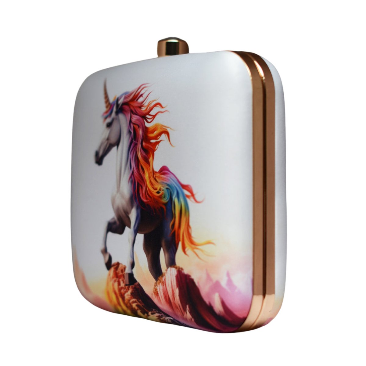 White Based Unicorn Printed Clutch